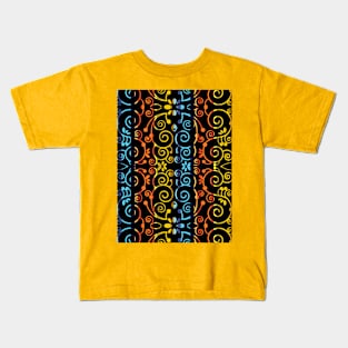 Swirlygig Blue Orange Yellow on Black Double Vertical Kids T-Shirt